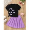 imageGirls 2 Piece Preppy Summer Outfits 3D Bowknot T Shirt and Mini Pleated Skirts Clothing SetPurple