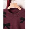 imageGirls Bow Graphic Sweaters Crewneck Long Sleeve Knit Pullover Tops Drop Shoulder KnitwearBurgundy
