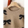 imageGirls Bow Graphic Sweaters Crewneck Long Sleeve Knit Pullover Tops Drop Shoulder KnitwearKhaki