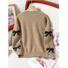imageGirls Bow Graphic Sweaters Crewneck Long Sleeve Knit Pullover Tops Drop Shoulder KnitwearKhaki