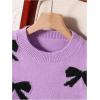 imageGirls Bow Graphic Sweaters Crewneck Long Sleeve Knit Pullover Tops Drop Shoulder KnitwearPurple and Black