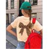 imageGirls Bow Leopard Graphic Tees Short Sleeve Preppy Summer T Shirt Aesthetic Baggy TopsBeige