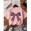 imageGirls Bow Leopard Graphic Tees Short Sleeve Preppy Summer T Shirt Aesthetic Baggy TopsBow Pink