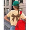 imageGirls Bow Leopard Graphic Tees Short Sleeve Preppy Summer T Shirt Aesthetic Baggy TopsBow Pricot