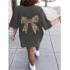 imageGirls Bow Leopard Graphic Tees Short Sleeve Preppy Summer T Shirt Aesthetic Baggy TopsDark Grey
