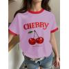 imageGirls Cherry Shirt Short Sleeve Colorblock Graphic Tees Cute Summer Shirts Y2k Aesthetic ClothesMauve Purple