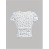 imageGirls Ditsy Floral Print Lace T Shirt Short Sleeve Ribbed Ruched Cute Tee Shirts Summer TopsBlue
