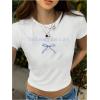 imageGirls Graphic Tee Crew Neck Letter Bow Print Crop Tops Casual Cute Short Sleeve T ShirtWhite and Blue