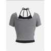 imageGirls Halter Crop Tops Colorblock Bowknot Fake Two Piece Cute Summer T Shirt Y2k Tops TrendyDark Grey