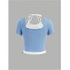 imageGirls Halter Crop Tops Colorblock Bowknot Fake Two Piece Cute Summer T Shirt Y2k Tops TrendyWhite Blue