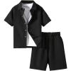 imageBoys 2 Piece Beach Vacation Textured Linen Outfit Short Sleeve Button Down Shirt Top and Shorts Summer SetSolid Black