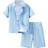 imageBoys 2 Piece Beach Vacation Textured Linen Outfit Short Sleeve Button Down Shirt Top and Shorts Summer SetSolid Blue