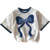 imageGirls 2 Piece Cute Summer Outfits Denim Bowknot Embroidery T Shirt and Biker Shorts Clothing SetBlue White