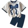 imageGirls 2 Piece Cute Summer Outfits Denim Bowknot Embroidery T Shirt and Biker Shorts Clothing SetWhite
