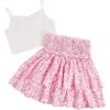imageGirls 2 Piece Outfits Lace Ruched Camisole Tops and Shirred High Waisted Layered Floral Skirts SetPink White