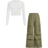 imageGirls 2 Piece Outfits Long Sleeve Ribbed Ruched Tee Shirts Elastic Waist Baggy Cargo Pants SetsGreen