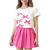 imageGirls 2 Piece Preppy Summer Outfits 3D Bowknot T Shirt and Mini Pleated Skirts Clothing SetPink