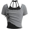 imageGirls Halter Crop Tops Colorblock Bowknot Fake Two Piece Cute Summer T Shirt Y2k Tops TrendyDark Grey