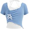 imageGirls Halter Crop Tops Colorblock Bowknot Fake Two Piece Cute Summer T Shirt Y2k Tops TrendyWhite Blue