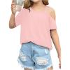 imageGirls Off The Shoulder Tops Short Sleeve Loose Summer T Shirt Tops Trendy Cold Shoulder TopsLight Pink
