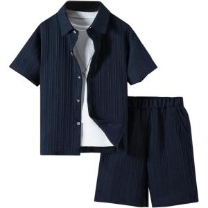 imageBoys 2 Piece Beach Vacation Textured Linen Outfit Short Sleeve Button Down Shirt Top and Shorts Summer SetDeep Blue