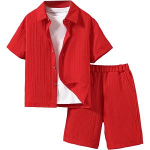 imageBoys 2 Piece Beach Vacation Textured Linen Outfit Short Sleeve Button Down Shirt Top and Shorts Summer SetRed