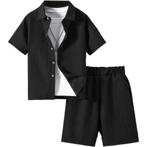 imageBoys 2 Piece Beach Vacation Textured Linen Outfit Short Sleeve Button Down Shirt Top and Shorts Summer SetSolid Black
