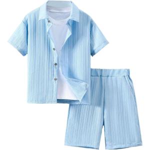 imageBoys 2 Piece Beach Vacation Textured Linen Outfit Short Sleeve Button Down Shirt Top and Shorts Summer SetSolid Blue