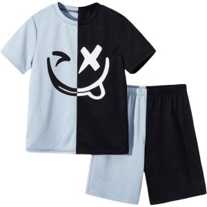 imageBoys 2 Piece Outfits Floral Print Short Sleeve Crewneck T Shirt and Shorts Set Summer OutfitsBlue