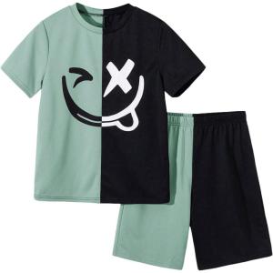 imageBoys 2 Piece Outfits Floral Print Short Sleeve Crewneck T Shirt and Shorts Set Summer OutfitsGreen