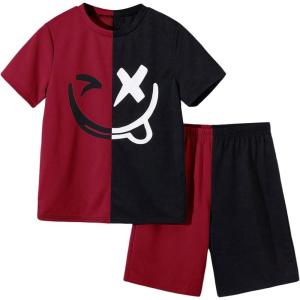 imageBoys 2 Piece Outfits Floral Print Short Sleeve Crewneck T Shirt and Shorts Set Summer OutfitsRed
