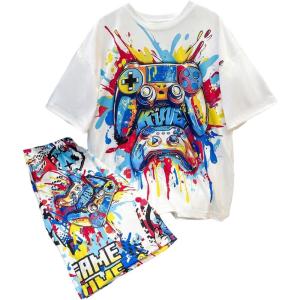 imageBoys 2 Piece Outfits Floral Print Short Sleeve Crewneck T Shirt and Shorts Set Summer OutfitsWhite Graphic