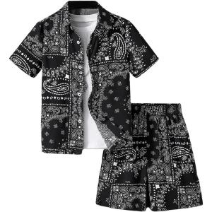 imageBoys 2 Piece Outfits Paisley Geo Graphic Print Short Sleeve Button Down Shirt and Shorts SetBlack