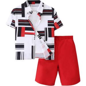 imageBoys 2 Piece Outfits Paisley Geo Graphic Print Short Sleeve Button Down Shirt and Shorts SetRed