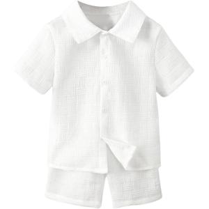 imageBoys 2 Piece Outfits Short Sleeve Collar Button Down Shirts and Shorts Set Vacation OutfitsWhite