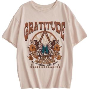 imageCOZYEASE Girls Letter Graphic Tees Short Sleeve Crewneck Oversized T Shirts Summer Clothes for GirlsApricot and Butterfly Print