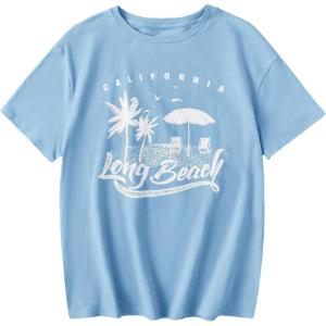 imageCOZYEASE Girls Letter Graphic Tees Short Sleeve Crewneck Oversized T Shirts Summer Clothes for GirlsBlue Graphic