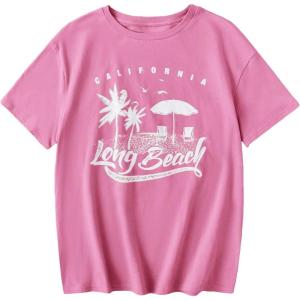 imageCOZYEASE Girls Letter Graphic Tees Short Sleeve Crewneck Oversized T Shirts Summer Clothes for GirlsGraphic Pink