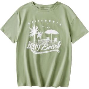 imageCOZYEASE Girls Letter Graphic Tees Short Sleeve Crewneck Oversized T Shirts Summer Clothes for GirlsMint Green Palm Tree Print