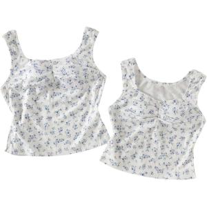 imageGirls 2 Packs Ditsy Floral Sleeveless Tank Tops Ruched Ribbed Square Neck Cute Summer TopWhite