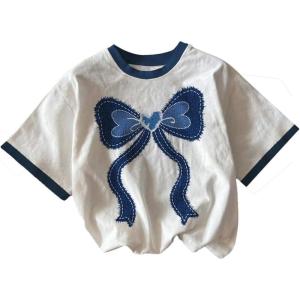 imageGirls 2 Piece Cute Summer Outfits Denim Bowknot Embroidery T Shirt and Biker Shorts Clothing SetBlue White