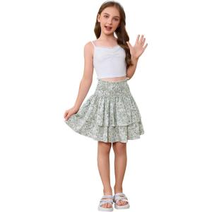 imageGirls 2 Piece Outfits Lace Ruched Camisole Tops and Shirred High Waisted Layered Floral Skirts SetGreen and White