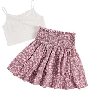 imageGirls 2 Piece Outfits Lace Ruched Camisole Tops and Shirred High Waisted Layered Floral Skirts SetPink Floral