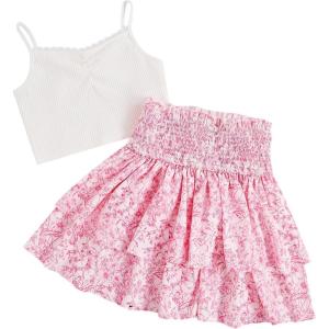 imageGirls 2 Piece Outfits Lace Ruched Camisole Tops and Shirred High Waisted Layered Floral Skirts SetPink White