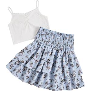 imageGirls 2 Piece Outfits Lace Ruched Camisole Tops and Shirred High Waisted Layered Floral Skirts SetPurple and Orange