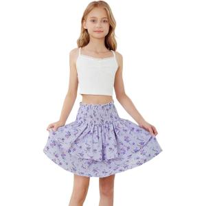 imageGirls 2 Piece Outfits Lace Ruched Camisole Tops and Shirred High Waisted Layered Floral Skirts SetPurple and White