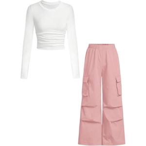 imageGirls 2 Piece Outfits Long Sleeve Ribbed Ruched Tee Shirts Elastic Waist Baggy Cargo Pants SetsPink