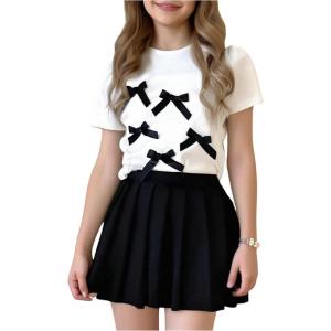 imageGirls 2 Piece Preppy Summer Outfits 3D Bowknot T Shirt and Mini Pleated Skirts Clothing SetBlack
