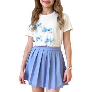 imageGirls 2 Piece Preppy Summer Outfits 3D Bowknot T Shirt and Mini Pleated Skirts Clothing SetBlue