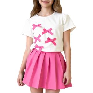 imageGirls 2 Piece Preppy Summer Outfits 3D Bowknot T Shirt and Mini Pleated Skirts Clothing SetPink